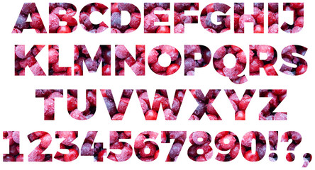 Full english alphabet set from frozen cherries. Letters and numbers isolated on white background
