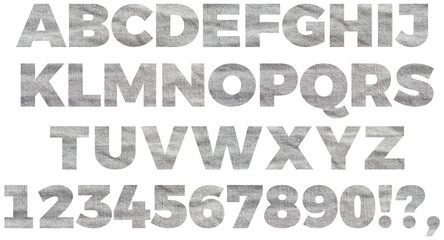 Full english alphabet set from rough linen fabric. Letters and numbers isolated on white background