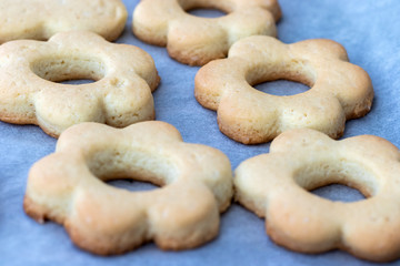 Baked shortbread cookies in the form of  flowers on a baking sheet with parchment paper just taken out of the oven. Tea snack for breakfast. Selective focus. Closeup view