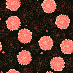 Seamless vector floral pattern with red flowers and stars for decoration, print, textile, fabric, stationery