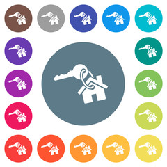 Key and house on keyring flat white icons on round color backgrounds