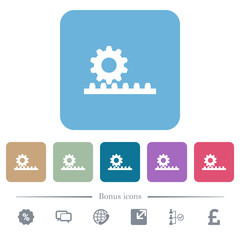 Cogwheel with rack pinion flat icons on color rounded square backgrounds