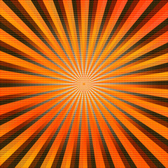 Pop art colorful comics book magazine cover. Striped orange background. Cartoon funny retro pattern strip mock up. Vector halftone illustration. 90-s style. Sunburst, starburst shape.