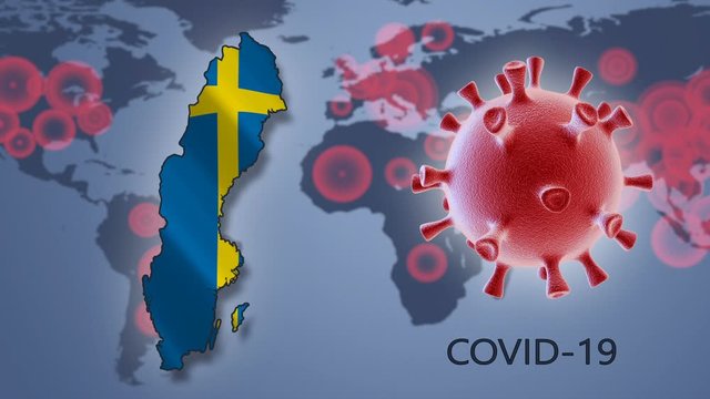 Coronavirus cell and map of Sweden on background of the World map