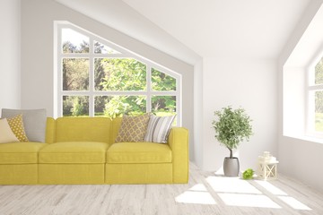 Naklejka premium White living room with sofa and summer landscape in window. Scandinavian interior design. 3D illustration