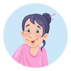 Portrait of a cute happy girl. Avatar icon in the circle. Isolated on white background. Flat style. Vector illustration.
