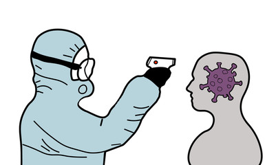 Pandemic. Measuring a person’s temperature with a suspected virus. Doctor remotely measures the temperature of a patient