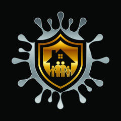 A vector illustration sign of family protection home as a shield to prevent family member from the spread of germs in gold and silver color combo with black background 