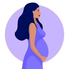 Pregnant woman in a dress, on a long term, vector illustration in purple colors