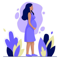 Pregnant woman in a long term in a dress, vector illustration in purple tones, surrounded by plants