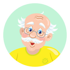 Portrait of an adult man with a grey hair and mustache. Avatar icon in the circle. Isolated on white background. In cartoon style. Vector illustration.