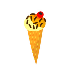 Colorful ice cream. A yellow frozen dessert on a cone with chocolate, vanilla cone ice cream. Hand drawn vector isolated on white background. Summer symbol. Flat Icon for summertime, flyer, card.