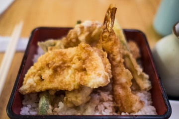 Shrimp and vegetable Tempura over rice