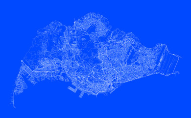 Blueprint of Singapour city, One Color Map, color change, Artprint