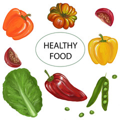 Vegetables collection. Hand drawn stock illustration of fresh red, orange and yellow pepper, tomato, cabage, green peas. Isolated on white background. Diet concept. Vegeterian and healthy food. 