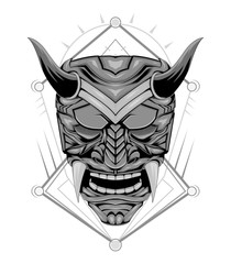 Japanese Demon's mask tattoo design full back body.The Oni mask with water splash and peony flower,cherry blossom and peach blossom on GEOMETRY background.