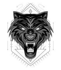 Wolf mascot art. Frontal symmetric image of wolf looking dangerous. WOLVES ILLUSTRATION