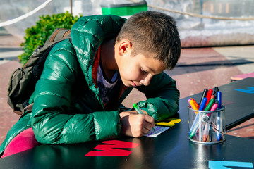 Young boy in a green jacket with pleasure draws felt-tip pens 