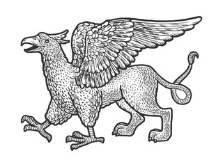 Griffin legendary creature sketch engraving vector illustration. T-shirt apparel print design. Scratch board imitation. Black and white hand drawn image.