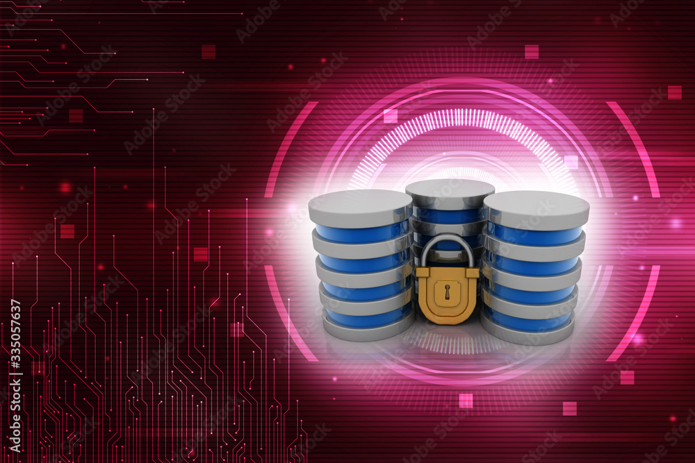 Poster 3d illustration database storage security concept. disk with lock