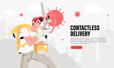 Brave courier man with a parcel or package and thermal box contactlessly transfers the order and fight with sword and shield with coronavirus. Quarantine Food Delivery Service or humanitarian aid.