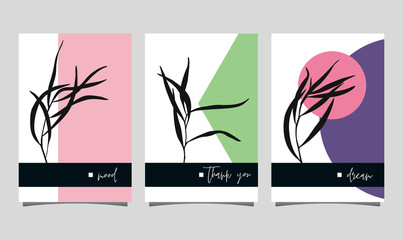 Set of card template with geometrical forms and black branch silhouette. Design element for  greeting card, postcard, poster, sale tag, invitation.