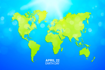 Earth Day banner. Map of the world. Green Globe planet Vector illustration. For media design and business infographic, website, cover, annual reports. Sun light and blue sky