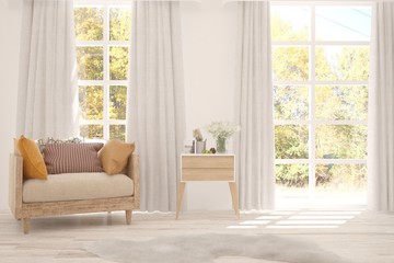 Fototapeta na wymiar White stylish minimalist room with armchair and autumn landscape in window. Scandinavian interior design. 3D illustration