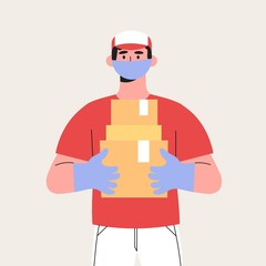 Couriers holding package in medical mask and gloves. Concept of contactless or to the door delivery. Coronavirus quarantine shop or store food or medical supplies express fast delivery service.