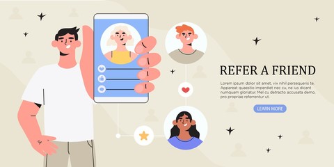 Refer a friend concept with man holding smartphone with his friends social media profile pages or user accaunt. Refferal marketing strategy banner, landing page template, ui, web, banner, flyer.