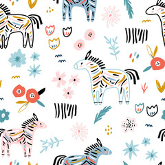 Seamless childish pattern with colorful zebras, hand drawn flowers and textures. Perfect for fabric,textile. Creative Vector background