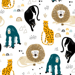 Seamless jungle pattern with african animals, panther, lion, orangutan, cheetah and hand drawn textures. Perfect for fabric,textile. Creative Vector background © solodkayamari