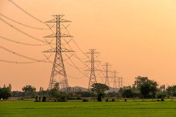 Arrangement of High voltage pole, Transmission tower on rice field at sunset © Mumemories