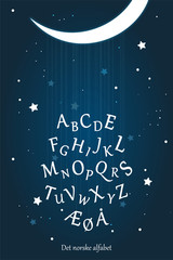 Norwegian alphabet poster for kids education and kids room wall decoration. Moon night, starry sky, lullaby vector illustration. Education material for kindergarten, preschool, school. 