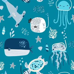 Wall murals Scandinavian style Seamless childish pattern with fishes, whale, octopus. Creative scandinavian style under see kids texture for fabric, wrapping, textile, wallpaper, apparel. Vector illustration