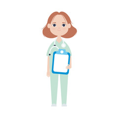 cartoon cute doctor woman standing holding a medical report icon, flat style