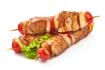 Roasted pork kebab. Grilled meat skewers and vegetables BBQ, isolated on white background