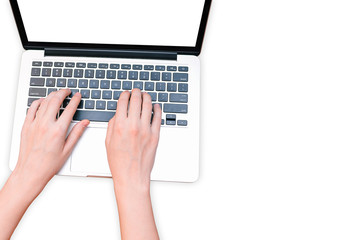 The girl works on the computer. Laptop isolated on a white background. Hands are typing on the keyboard. The concept of remote work.