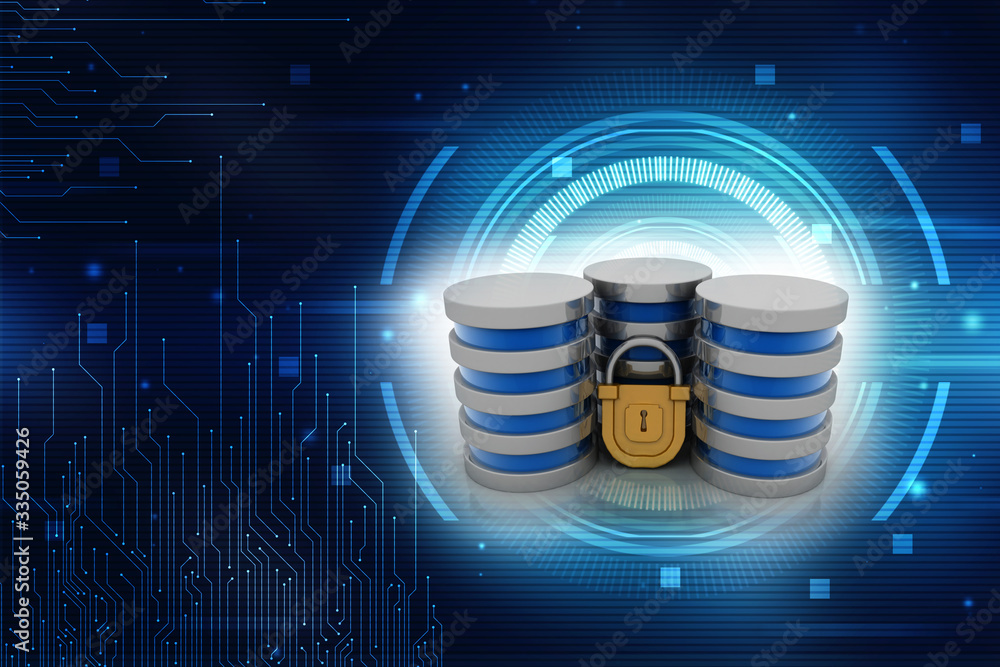 Poster 3d illustration database storage security concept. disk with lock