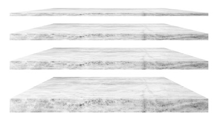 4 empty marble shelves Different levels, isolated on white backgrounds, With clipping paths.