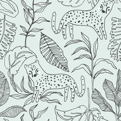 Seamless jungle pattern with leopard and jungle florals. Perfect for fabric,textile. Creative Vector background