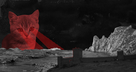 Collage d& 39 art contemporain avec un chaton mignon au-dessus du paysage