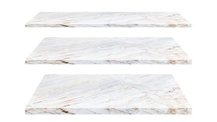 3 empty marble shelves Different levels, isolated on white backgrounds, With clipping paths.