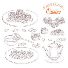 Arabic Food. Middle Eastern sweets and tea
