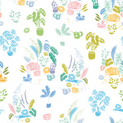 Hygge cozy lifestyle plant pattern with modern floral shape in pastel tones. Happy simple tropical plant pattern. Surface pattern design.