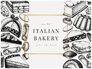 Italian desserts, pastries, cookies banner. With hand drawn baking sketch illustration. Vector bakery design. Vintage Italian sweets background for fast food delivery, cafe, restaurant menu.
