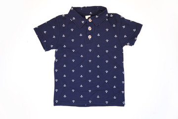 children's clothing shorts, suits, t-shirts, for boys on a white background, top view, place for text.