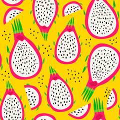 Fresh juicy Dragon fruit. Cut in half. Product of Thailand. Tasty slice or piece. Hand drawn colored Vector illustration. Seamless pattern. Yellow Background, wallpaper.  Perfect for prints