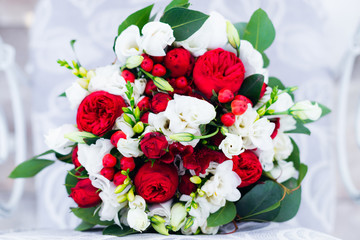 wedding bouquet of white and red roses. close up
