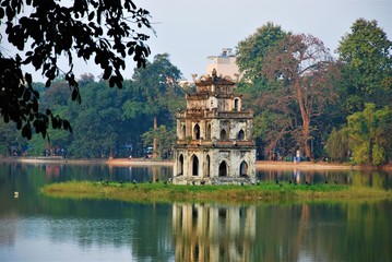 Fototapeta na wymiar Hoan Kiem Lake with the Turtle Tower in Hanoi Vietnam